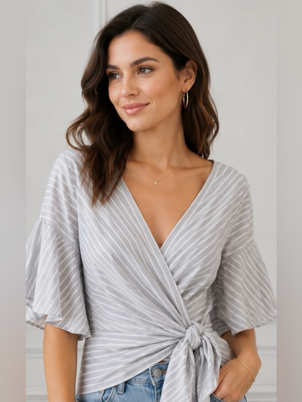 ✨Wayf Light Gray & White Striped Wrap Blouse